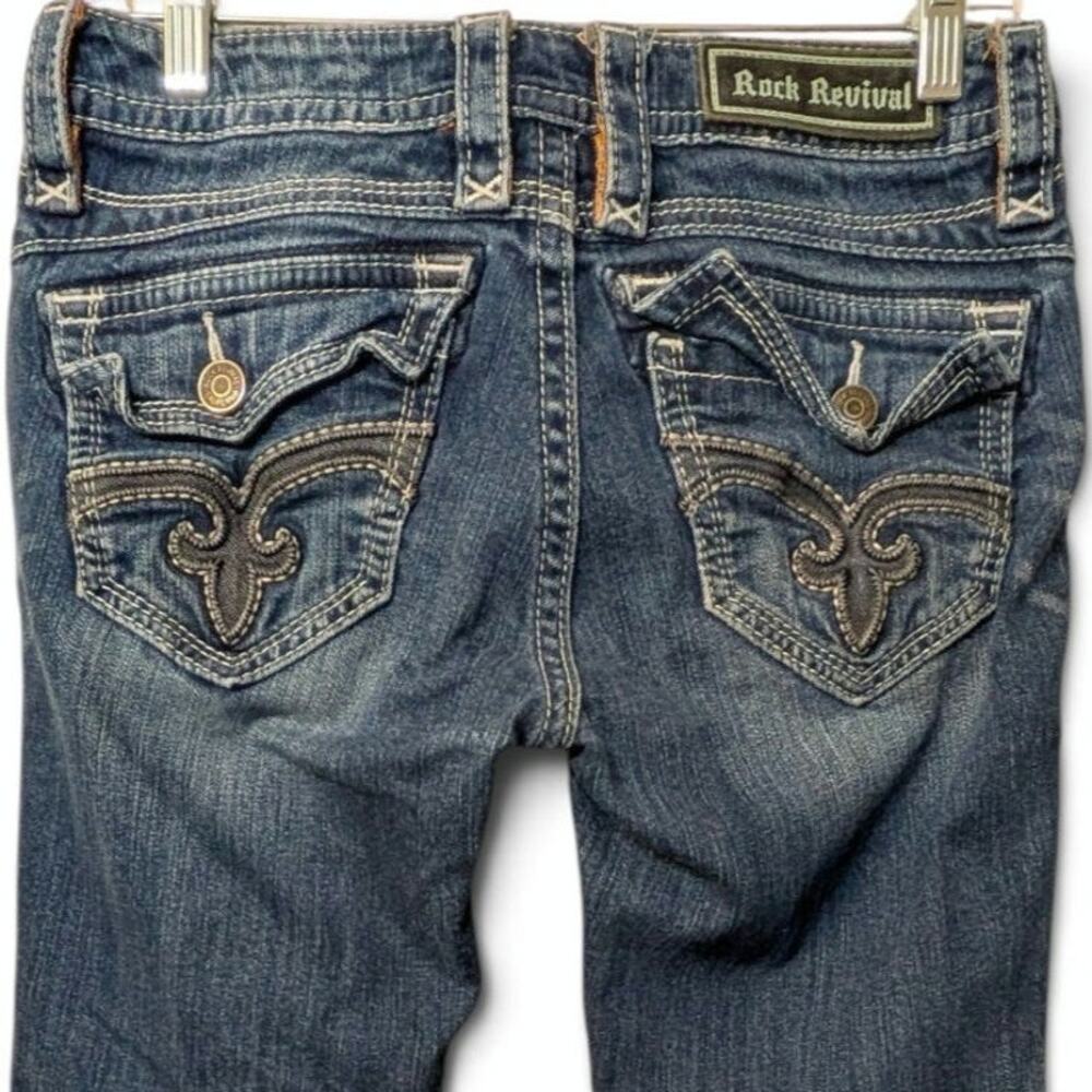 ROCK REVIVAL Ele Boot Cut Denim Jeans Distressed Raw Hem Flap Pockets Women 28"